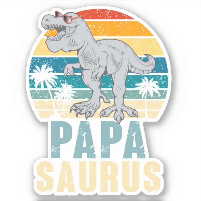 Sticker Papasaurus Dinosaure Rétro Coucher de Soleil Tropi (Devant)