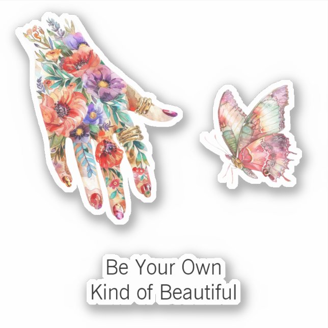 Sticker Papillon à main de jardin floral rouge violet (Devant)