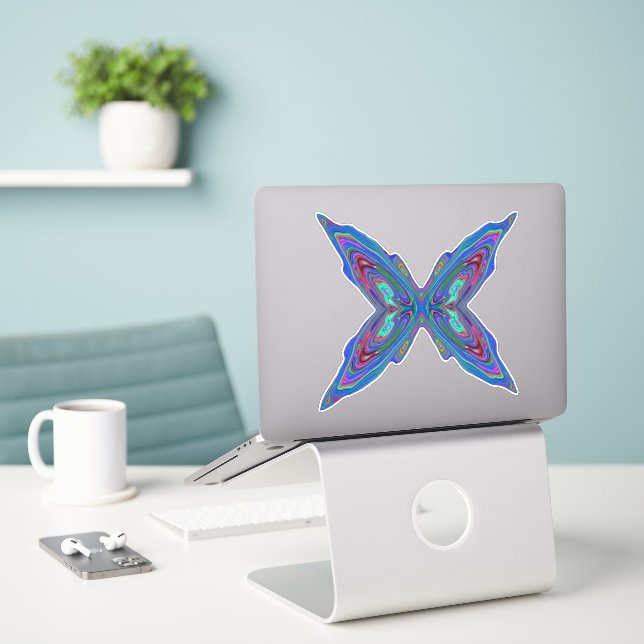 Sticker Papillon Abstrait Bleu et Rouge Rétro Tripant (Ordinateur portable sur le bureau)
