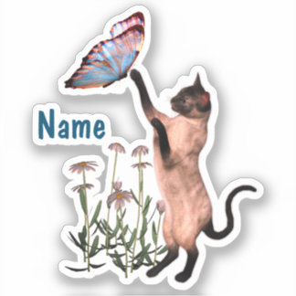 Sticker Papillon bleu chat siamois mou Personnalisé