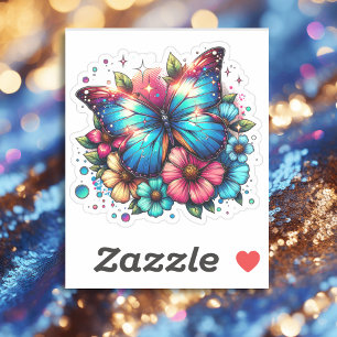 Sticker Papillon bleu et fleurs roses