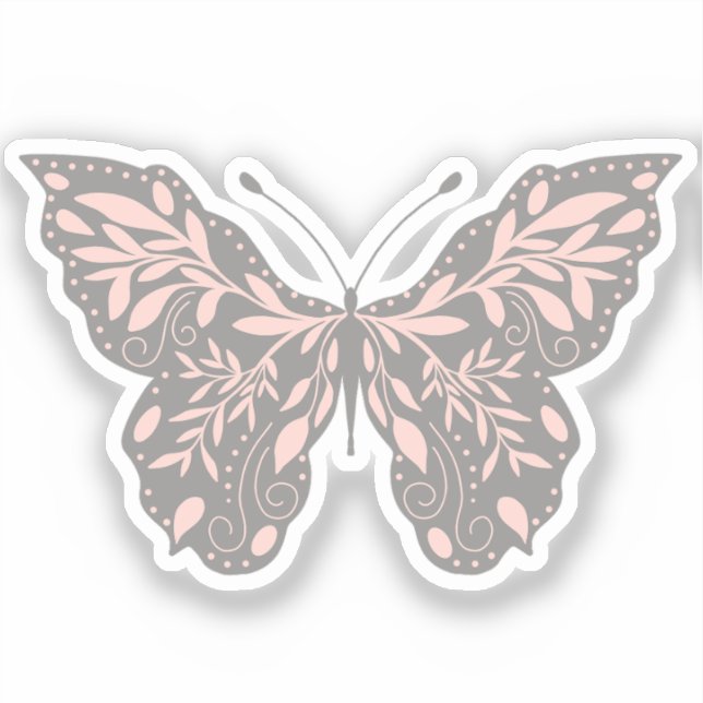 Sticker Papillon botanique rose et gris (Recto)