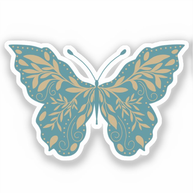 Sticker Papillon botanique turquoise et or (Recto)