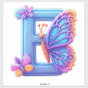 Sticker Papillon Coloré Posé Sur La Lettre B Bleue Clair