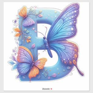 Sticker Papillon Coloré Posé Sur La Lettre B Bleue Clair