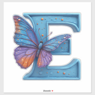 Sticker Papillon Coloré Posé Sur La Lettre E Bleue Clair