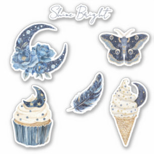 Sticker Papillon cône de glace cupcake lune florale bleue