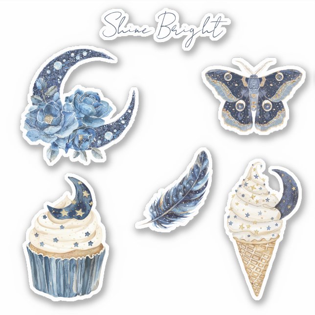 Sticker Papillon cône de glace cupcake lune florale bleue (Devant)