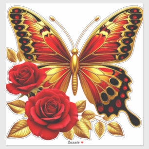 Sticker Papillon Doré Avec Des Roses Rouges Et Des Feuille