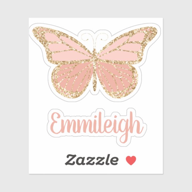 Sticker Papillon doré pailleté rose pastel avec nom  (Feuille)