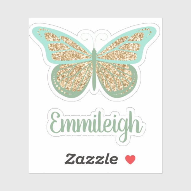 Sticker Papillon doré pailleté vert menthe avec nom (Feuille)