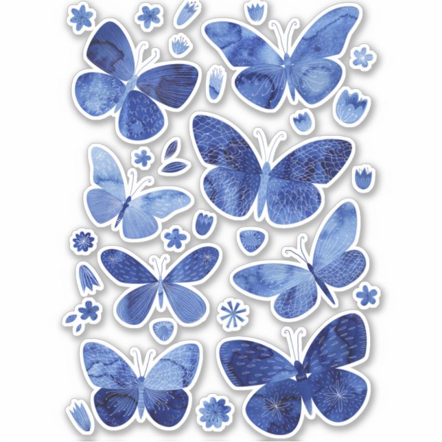 Sticker Papillons bleus Aquarelle Peinture Nature (Devant)