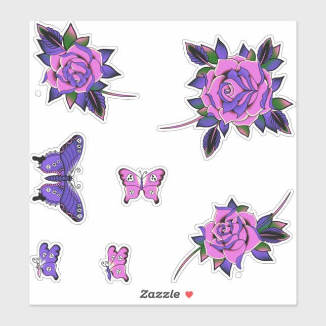 Sticker Papillons crâniens Roses de tatouage rose pourpre (Feuille)
