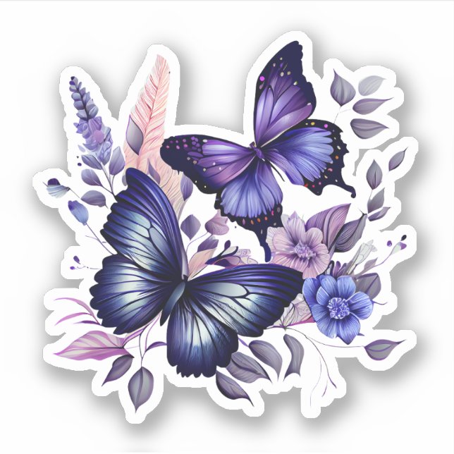 Sticker Papillons floraux pourpres et bleus (Devant)
