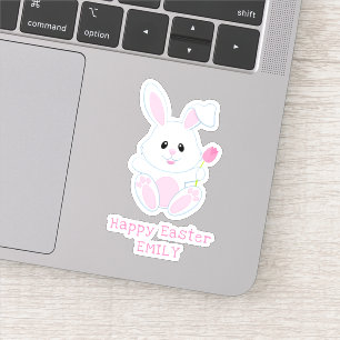 Sticker Pâques Bunny Pink Tulip Nom personnalisé Fêtes