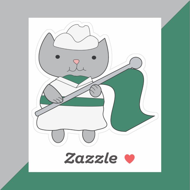 Sticker Parade de Chat Garde Couleur Vert Blanc (A sticker of a cat wearing a green and white color guard uniform holding a green flag.)