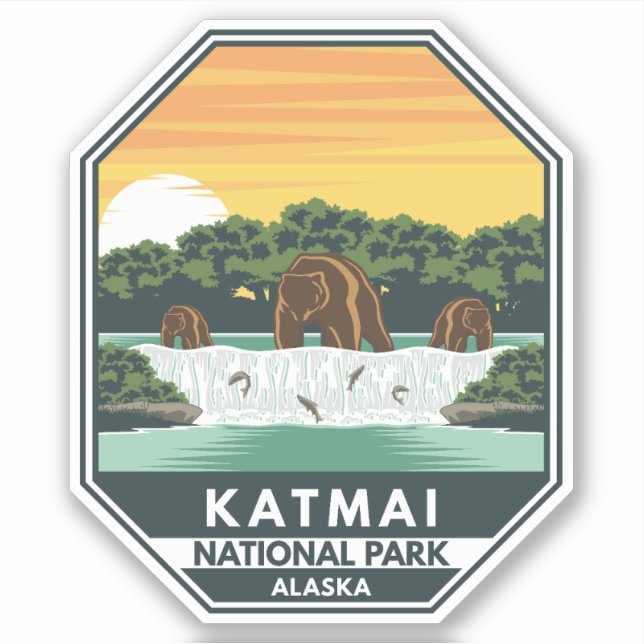 Sticker Parc national du Katmai Grizzly Ours Emblème rétro (Devant)