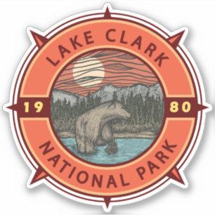 Sticker Parc national du lac Clark Brown Ours Rétro Compas