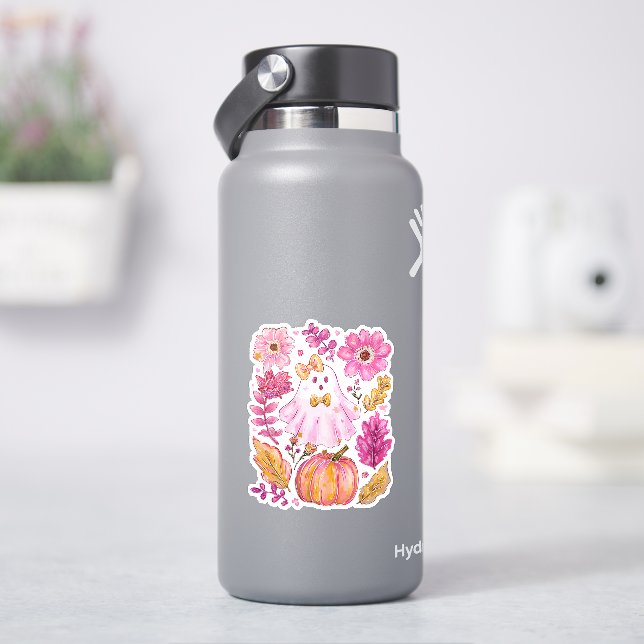 Sticker Pastel Pink Halloween Ghost with Flowers and Pumpk (HydroFlask)