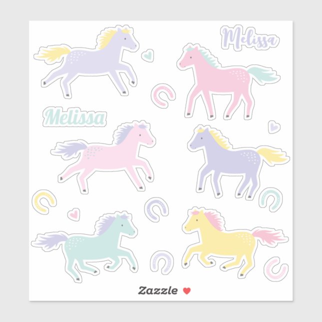 Sticker Pastel stylisé mignon Cheval et fer à cheval (Feuille)