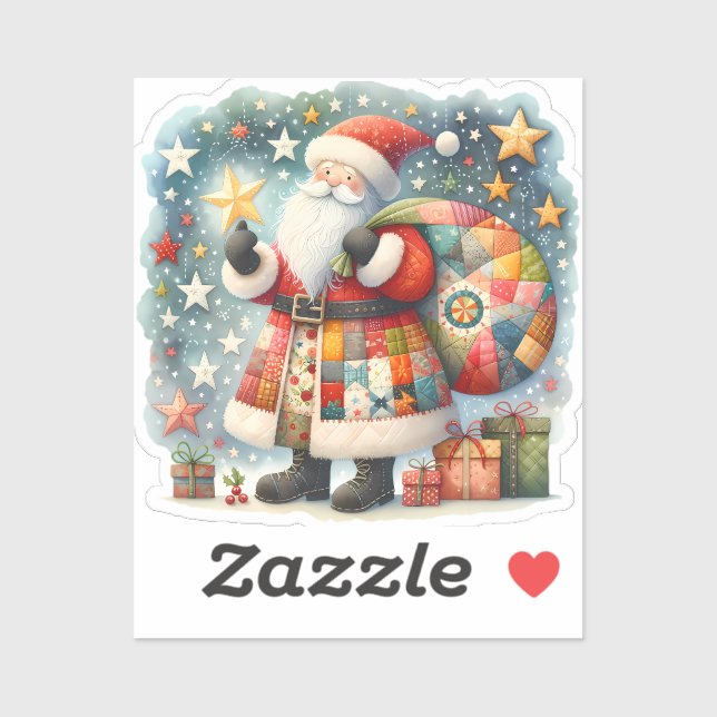Sticker Patchwork à carreaux Père Noël avec étoiles de Noë (Feuille)