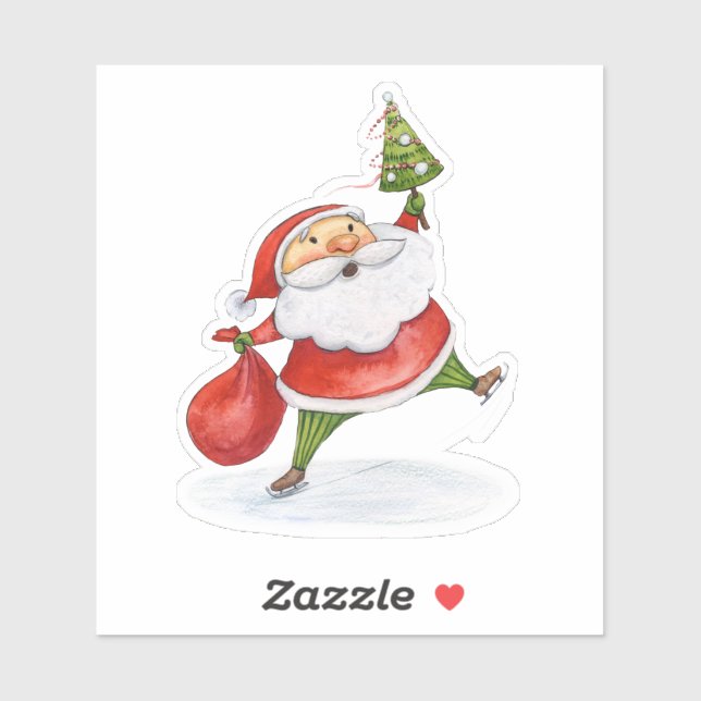 Sticker Patinage Père Noël Cute Noël aquarelle dessin (Feuille)
