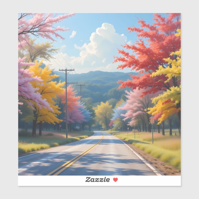 Sticker Paysage à l'aquarelle d'une route de campagne auto (Feuille)