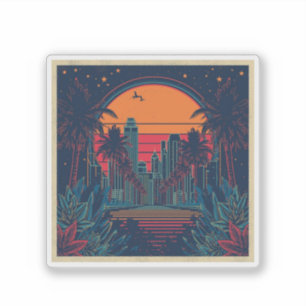 Sticker Paysage urbain coloré rétro futuriste de style gri