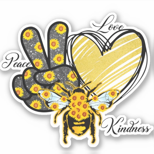 Sticker Peace Love Coeur Honeybee Gold Parties scintillant (Devant)