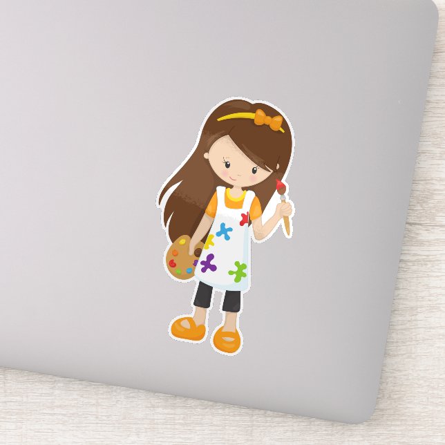 Sticker Peintre, Peintre, Mignonne fille, Cheveux Brown (Détail)