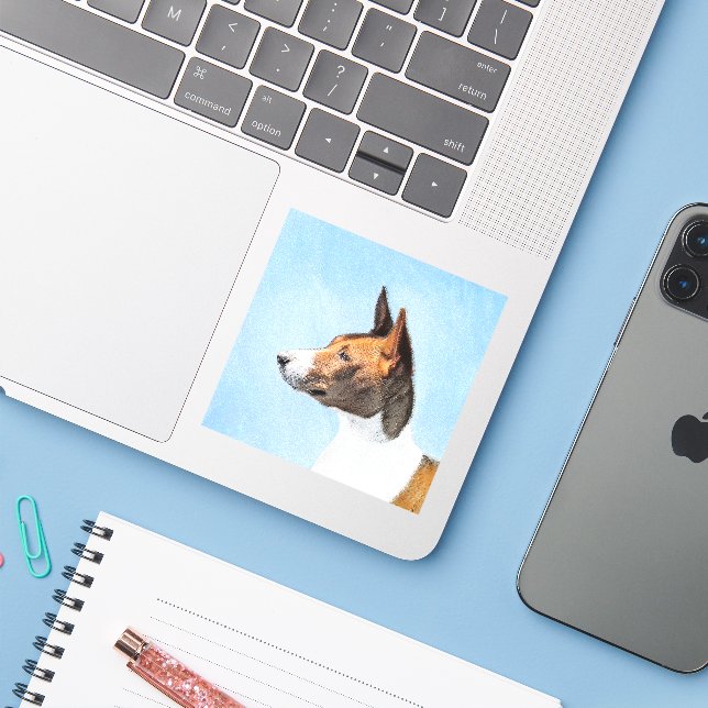 Sticker Peinture Basenji - Belle Art Original (Ordinateur portable avec iPhone)