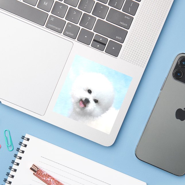 Sticker Peinture Bichon Frise - Cute Original Chien Art (Ordinateur portable avec iPhone)