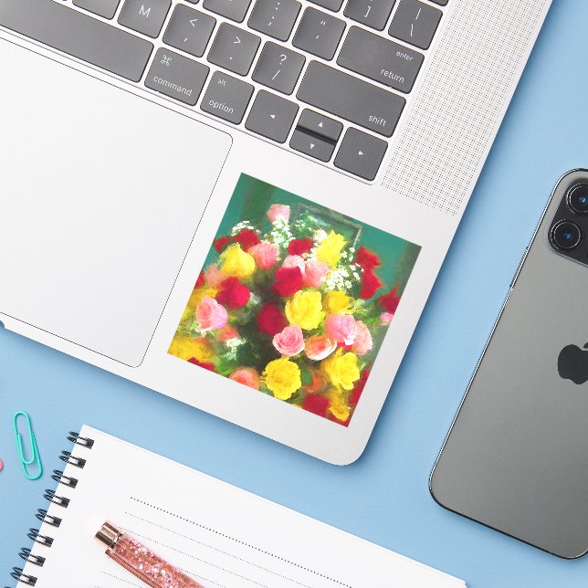 Sticker Peinture Bouquet Rose - Jolie Art Fleur Originale (Ordinateur portable avec iPhone)