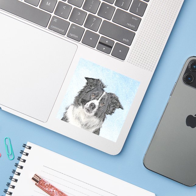 Sticker Peinture Collie Bordure - Joli art original chien (Ordinateur portable avec iPhone)