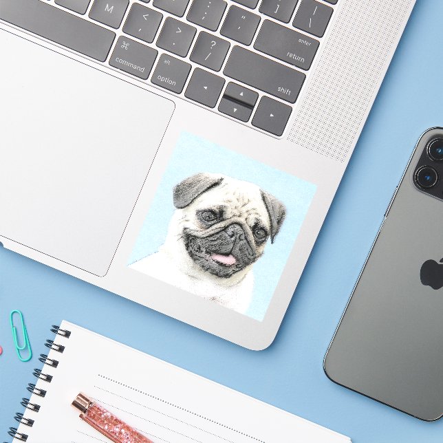 Sticker Peinture de carlin - Joli art original de chien (Ordinateur portable avec iPhone)