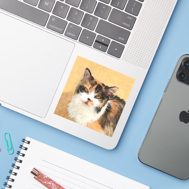 Sticker Peinture de chat Calico - Cute Original Cat Art (Ordinateur portable avec iPhone)