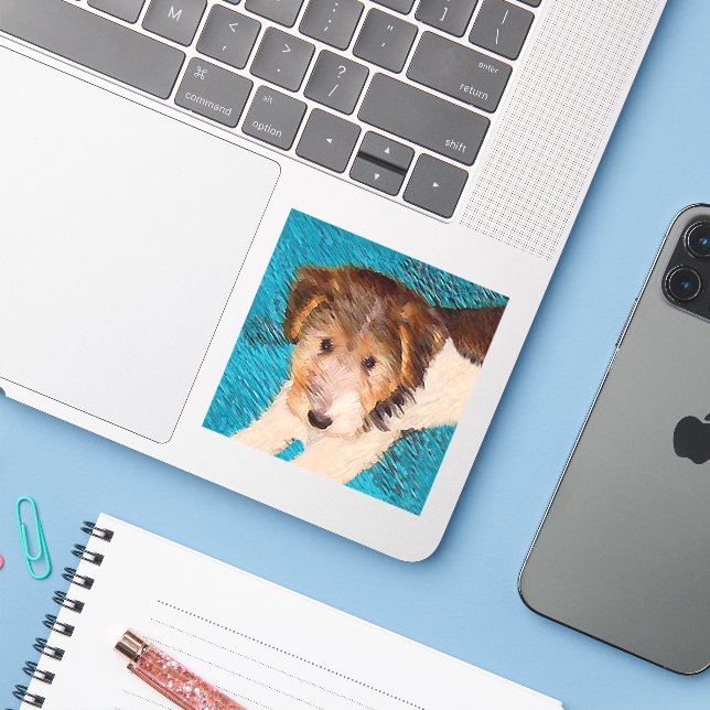 Sticker Peinture de chiot Terrier Fox - Art de chien origi (Ordinateur portable avec iPhone)