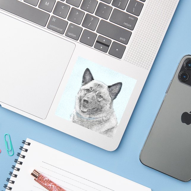 Sticker Peinture norvégienne Elkhound - Art original Chien (Ordinateur portable avec iPhone)