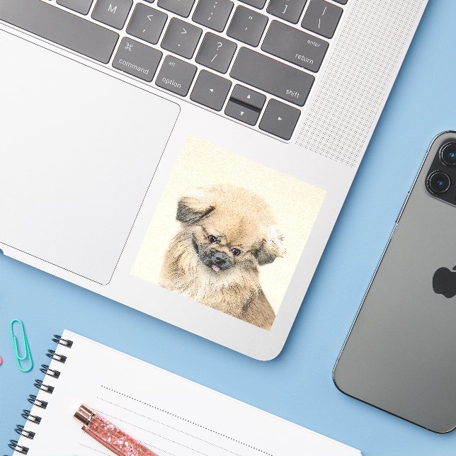 Sticker Peinture Pekingese - Cute Original Chien Art (Ordinateur portable avec iPhone)