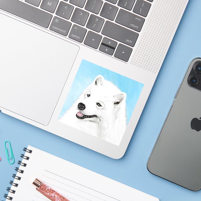 Sticker Peinture Samoyed - Cute Original Chien Art (Ordinateur portable avec iPhone)