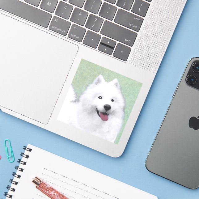 Sticker Peinture Samoyed - Cute Original Chien Art (Ordinateur portable avec iPhone)