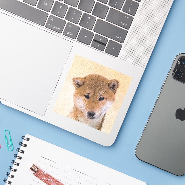 Sticker Peinture Shiba Inu (Rouge) - Art Chien original (Ordinateur portable avec iPhone)