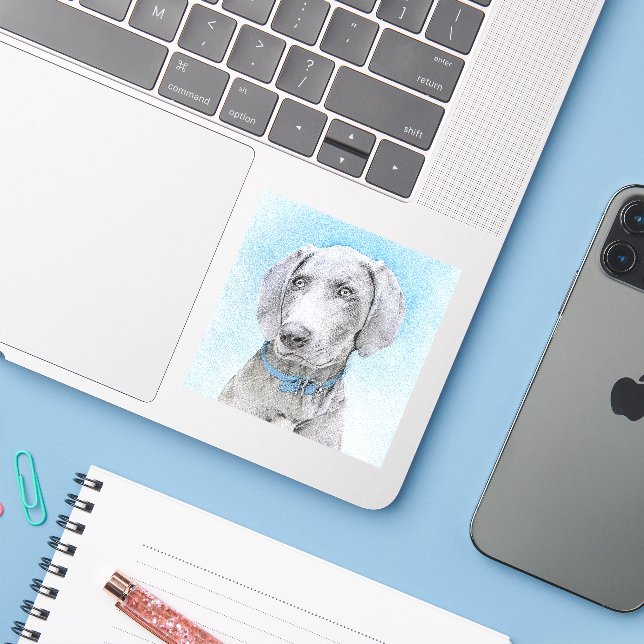 Sticker Peinture Weimaraner - Joli art original chien (Ordinateur portable avec iPhone)