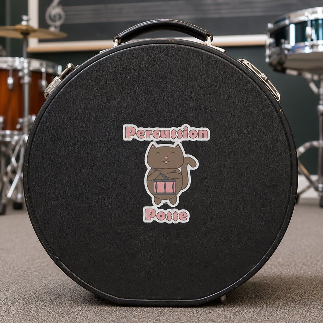 Sticker Percussion Posse - Cute Funny Drummer Cat (A die cut sticker with a snare drum playing cat and the text percussion posse.)