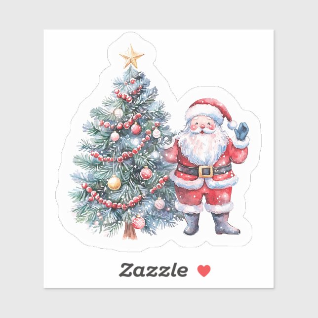 Sticker Père Noël avec arbre dans une scène enneigée (Feuille)