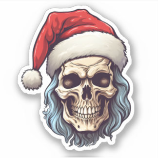 Sticker Père Noël Crâne portant un Casquette Noël Éffrayan