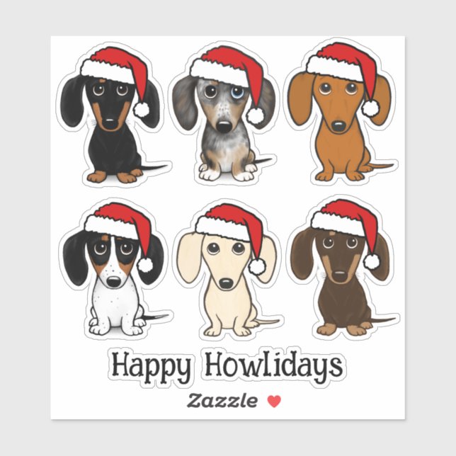 Sticker Père Noël Dachshunds mignon Chiens Wiener Noël (Feuille)