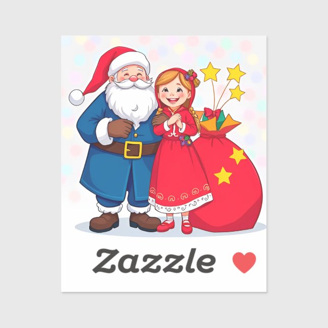 Sticker Père Noël et fille avec un sac de cadeaux (Feuille)