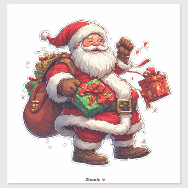 Sticker Père Noël joyeux avec des cadeaux (Feuille)