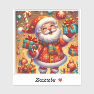 Sticker Père Noël Joyeux Avec Des Cadeaux De Noël